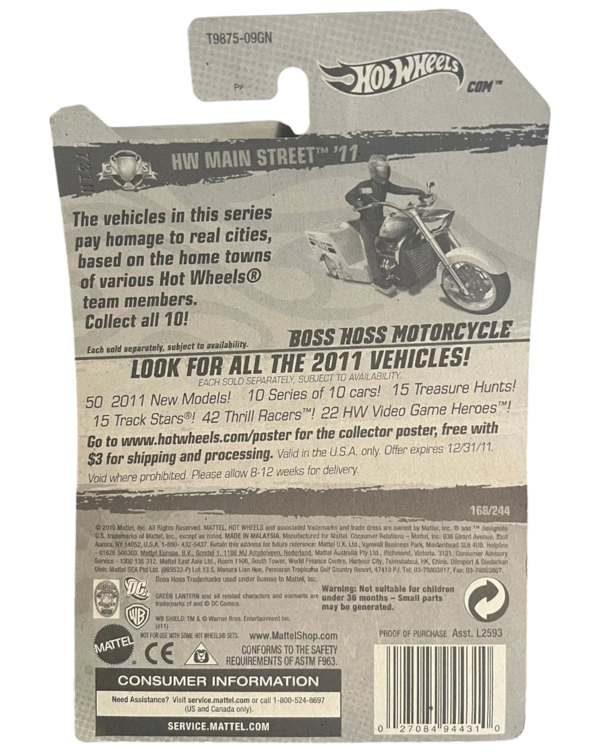 More Than Diecast 2011 Hot Wheels Boss Hoss Motorcycle card back with HW Main Street series details and branding