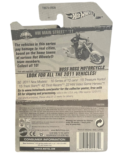 More Than Diecast 2011 Hot Wheels Boss Hoss Motorcycle card back with HW Main Street series details and branding
