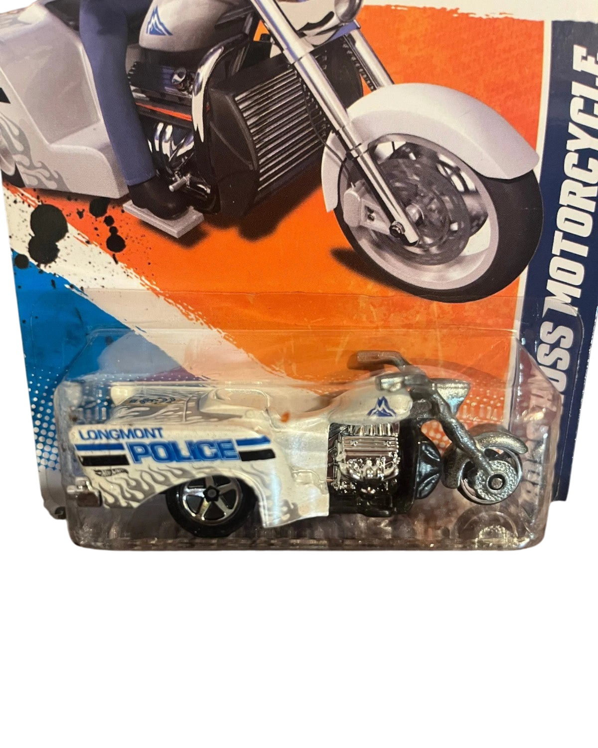 More Than Diecast Hot Wheels Boss Hoss Police motorcycle in white with blue graphics, 1:64 scale die-cast toy