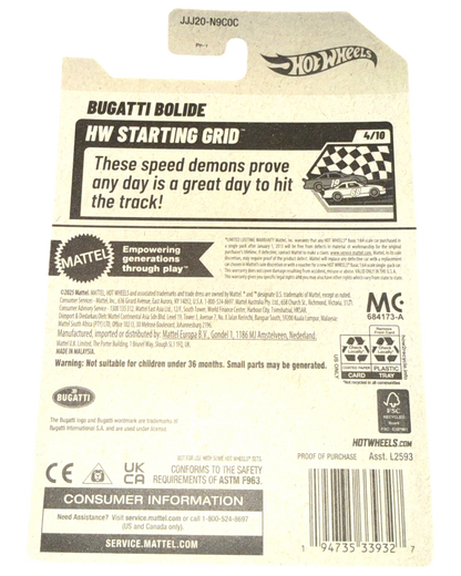More Than Diecast Hot Wheels Bugatti Bolide HW Starting Grid toy car packaging. Features checkered flag graphic.