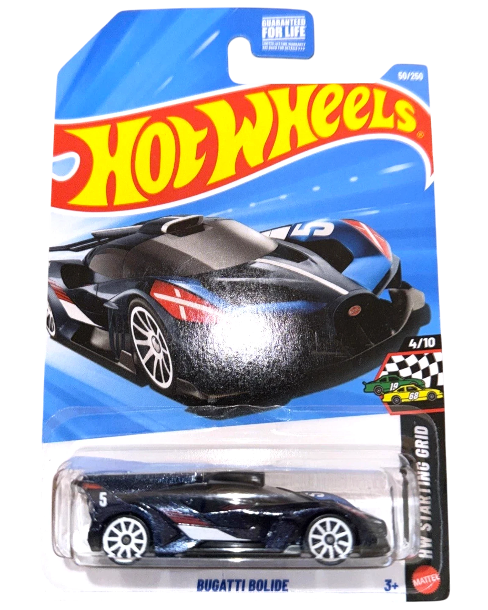 More Than Diecast 2026 Hot Wheels Bugatti Bolide toy car, dark blue with white and red racing stripes and the number 5 on the tail.