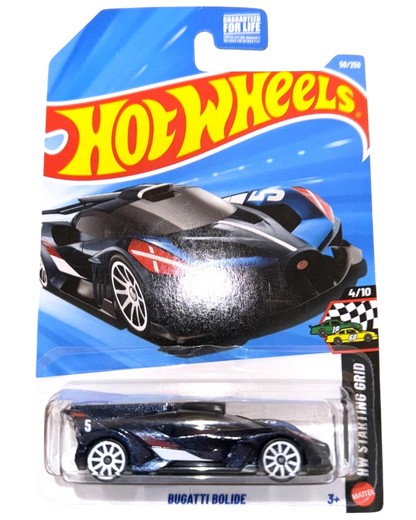 More Than Diecast 2026 Hot Wheels Bugatti Bolide toy car, dark blue with white and red racing stripes and the number 5 on the tail.
