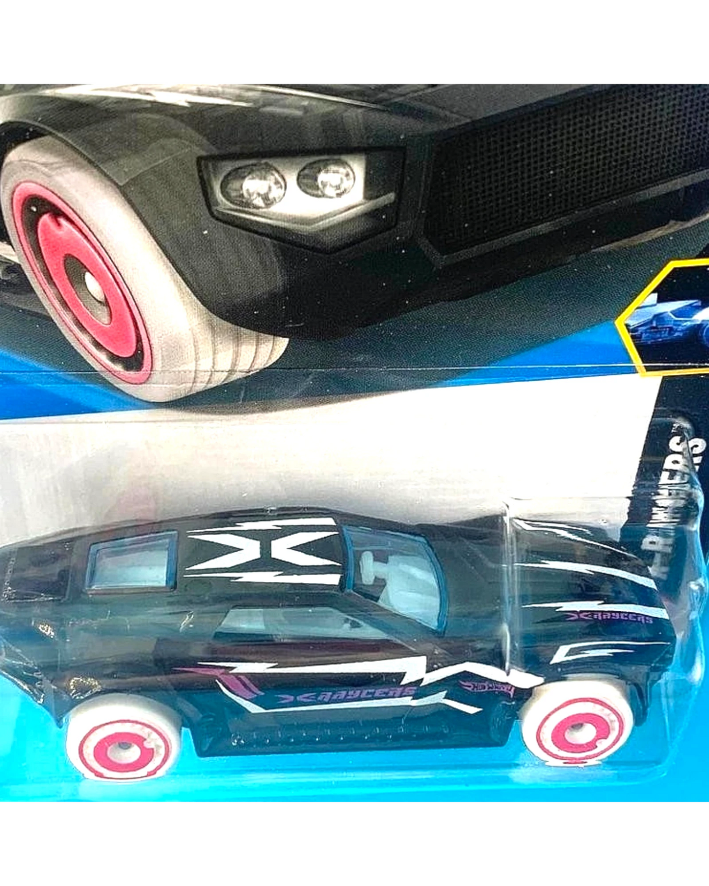 More Than Diecast Hot Wheels Bullet Proof X-Raycers die-cast car in clear black with pink wheels in blister packaging
