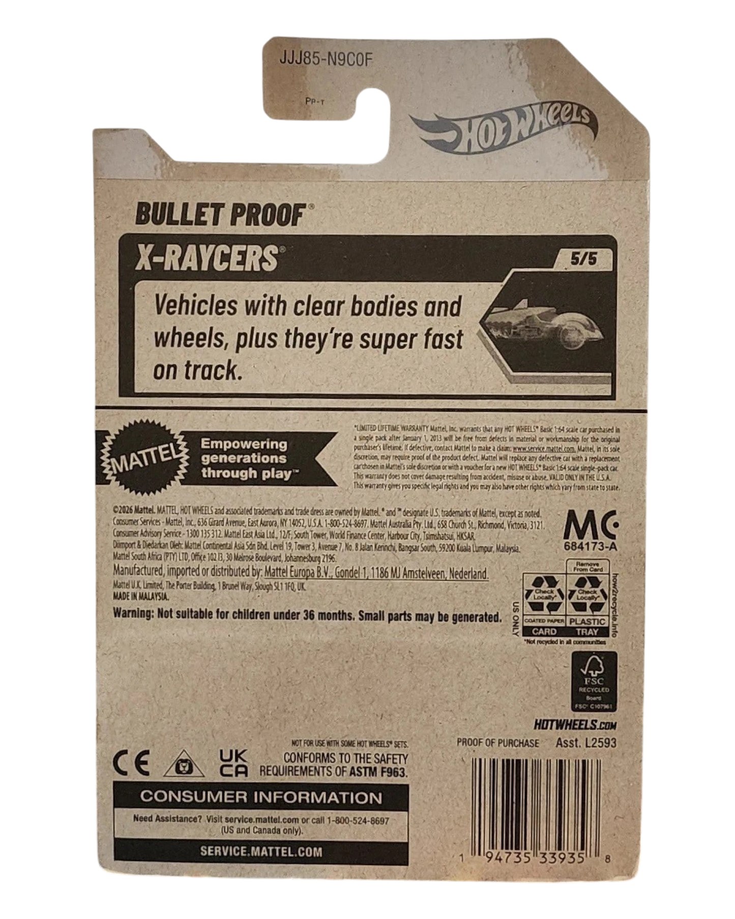 More Than Diecast Hot Wheels Bullet Proof X-Raycers 2026 packaging back view with product details and branding