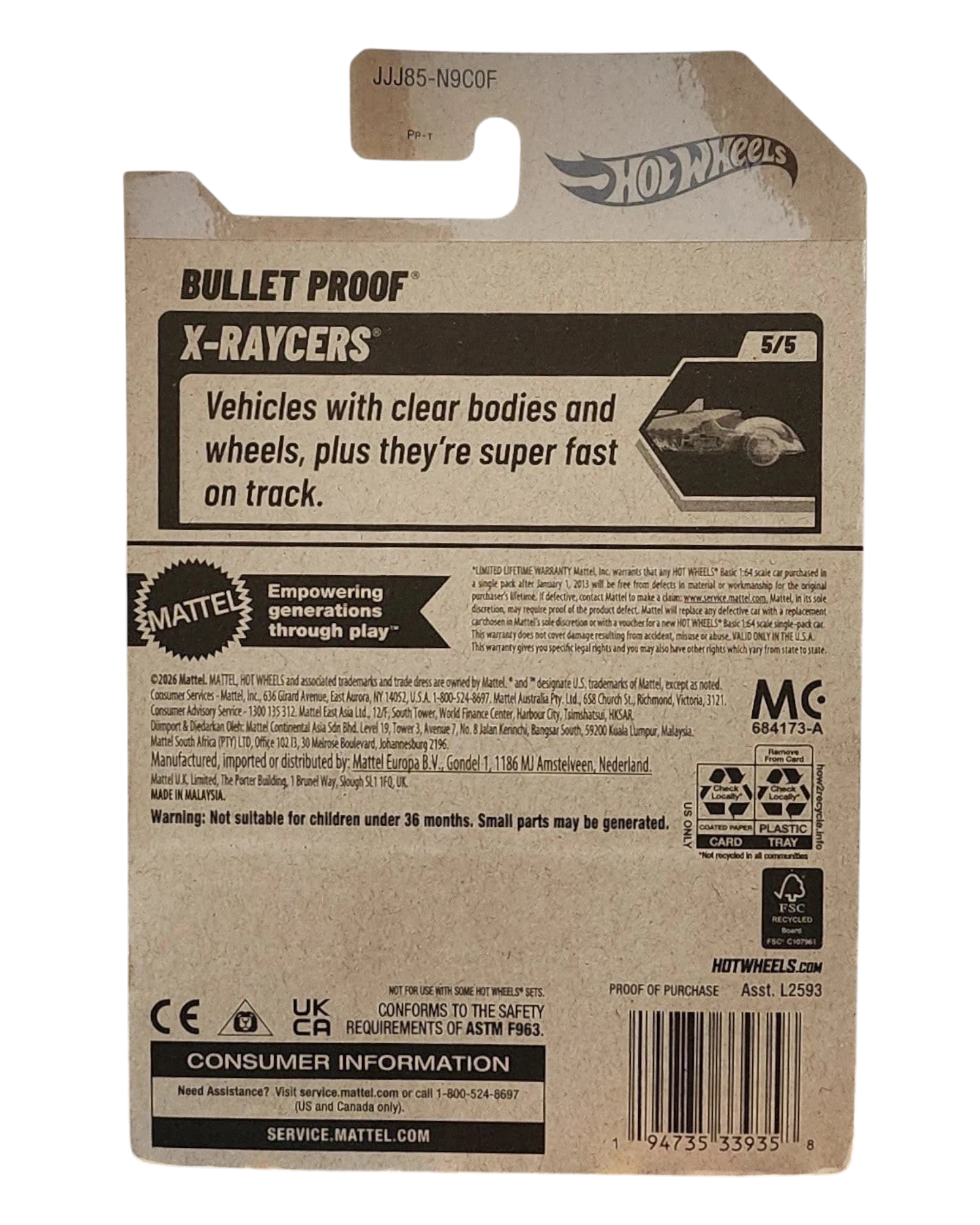 More Than Diecast Hot Wheels Bullet Proof X-Raycers 2026 packaging back view with product details and branding