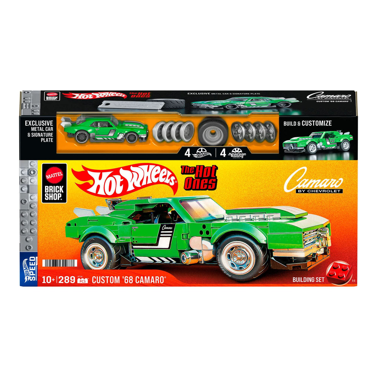 More Than Diecast Mattel Brick Shop Hot Wheels Custom 68 Camaro building set with green car and die-cast model