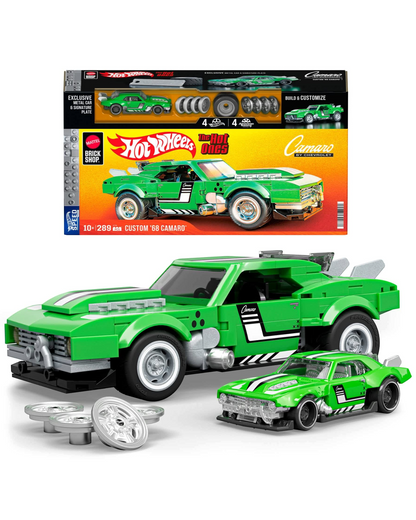 More Than Diecast Hot Wheels Custom 68 Camaro building set with green brick car, matching die-cast model, and decals.