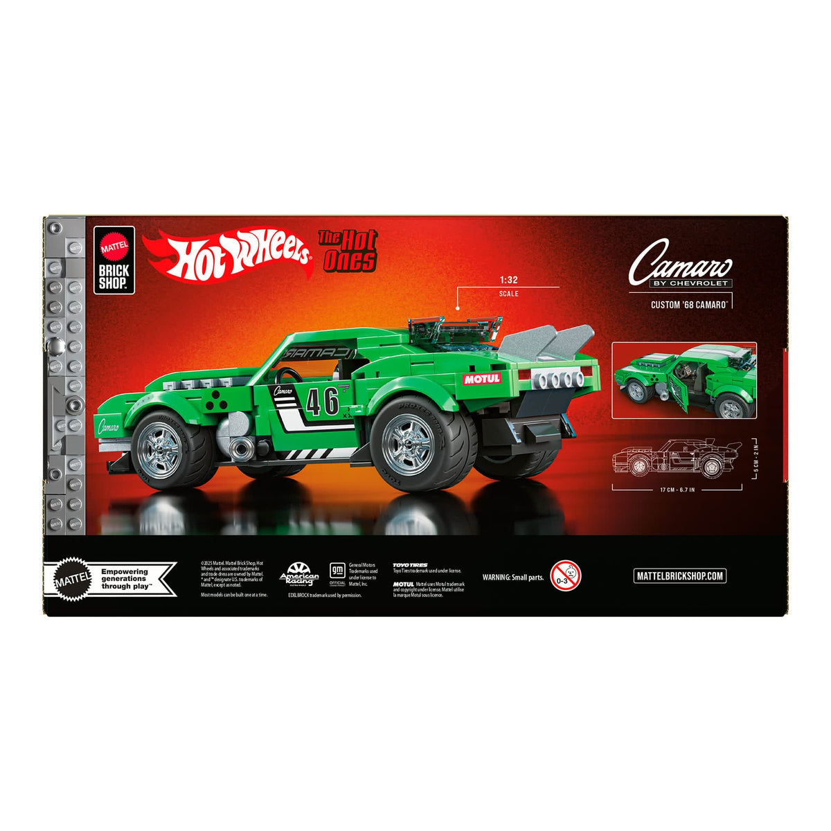 More Than Diecast Mattel Brick Shop Hot Wheels Custom 68 Camaro building set box showing the green model car.