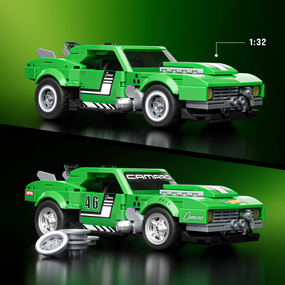 More Than Diecast Hot Wheels Custom 68 Camaro 1:32 scale green brick building set with custom decals and wheel covers