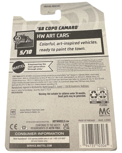 Back of More Than Diecast Hot Wheels 68 COPO Camaro HW Art Cars packaging showing product details and branding