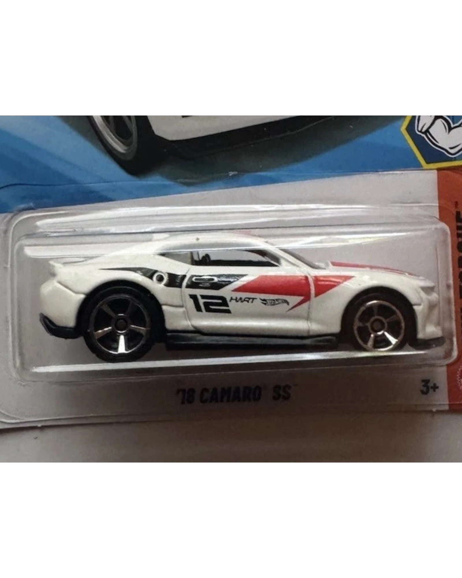 More Than Diecast Hot Wheels 2018 Camaro SS white muscle car toy with red and black racing decals in packaging