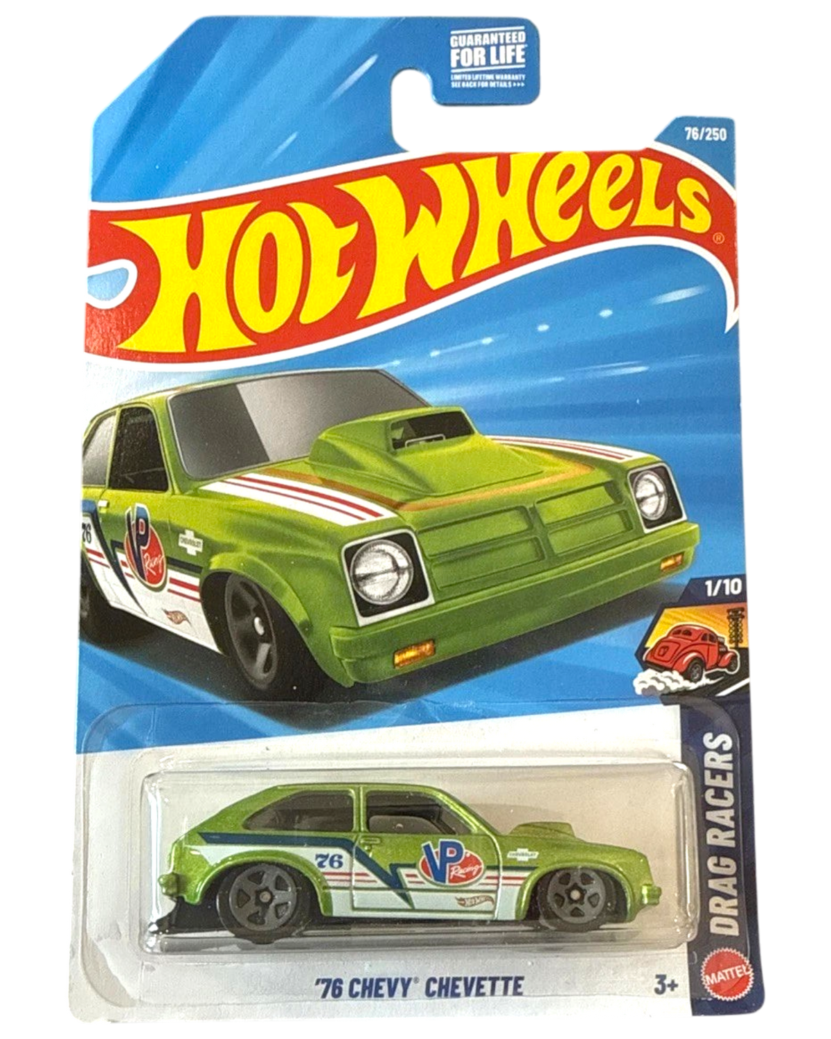 More Than Diecast Hot Wheels 76 Chevy Chevette Drag Racers die-cast car in green with racing livery in blister pack