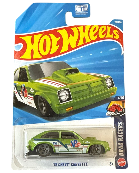 More Than Diecast Hot Wheels 76 Chevy Chevette Drag Racers die-cast car in green with racing livery in blister pack
