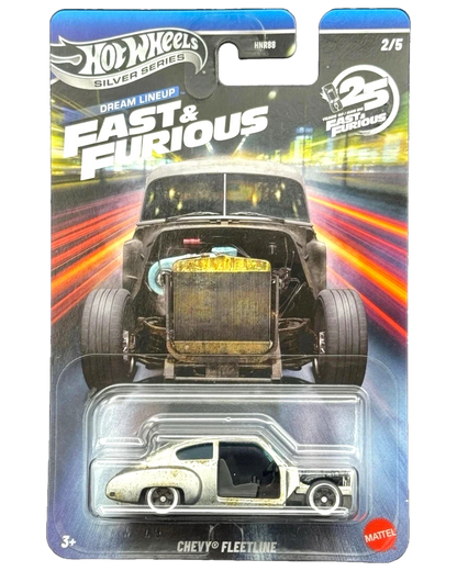 More Than Diecast Hot Wheels Silver Series Fast & Furious Chevy Fleetline diecast car, white with distressed finish.