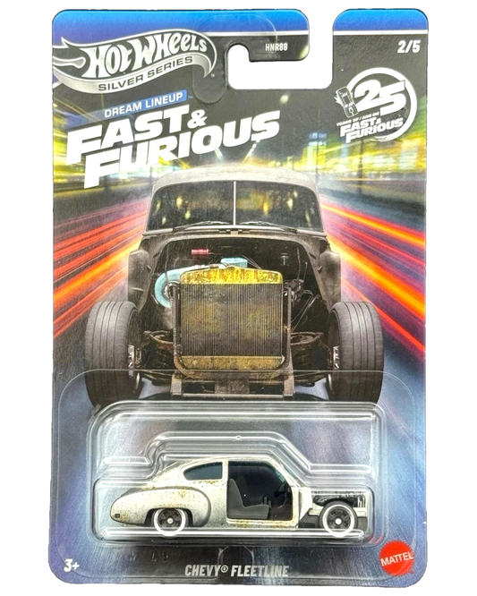 More Than Diecast Hot Wheels Silver Series Fast & Furious Chevy Fleetline diecast car, white with distressed finish.