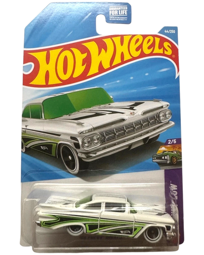 More Than Diecast 2026 Hot Wheels LAYIN' LOW '59 Chevy Impala, white with green accents and green tinted windows.