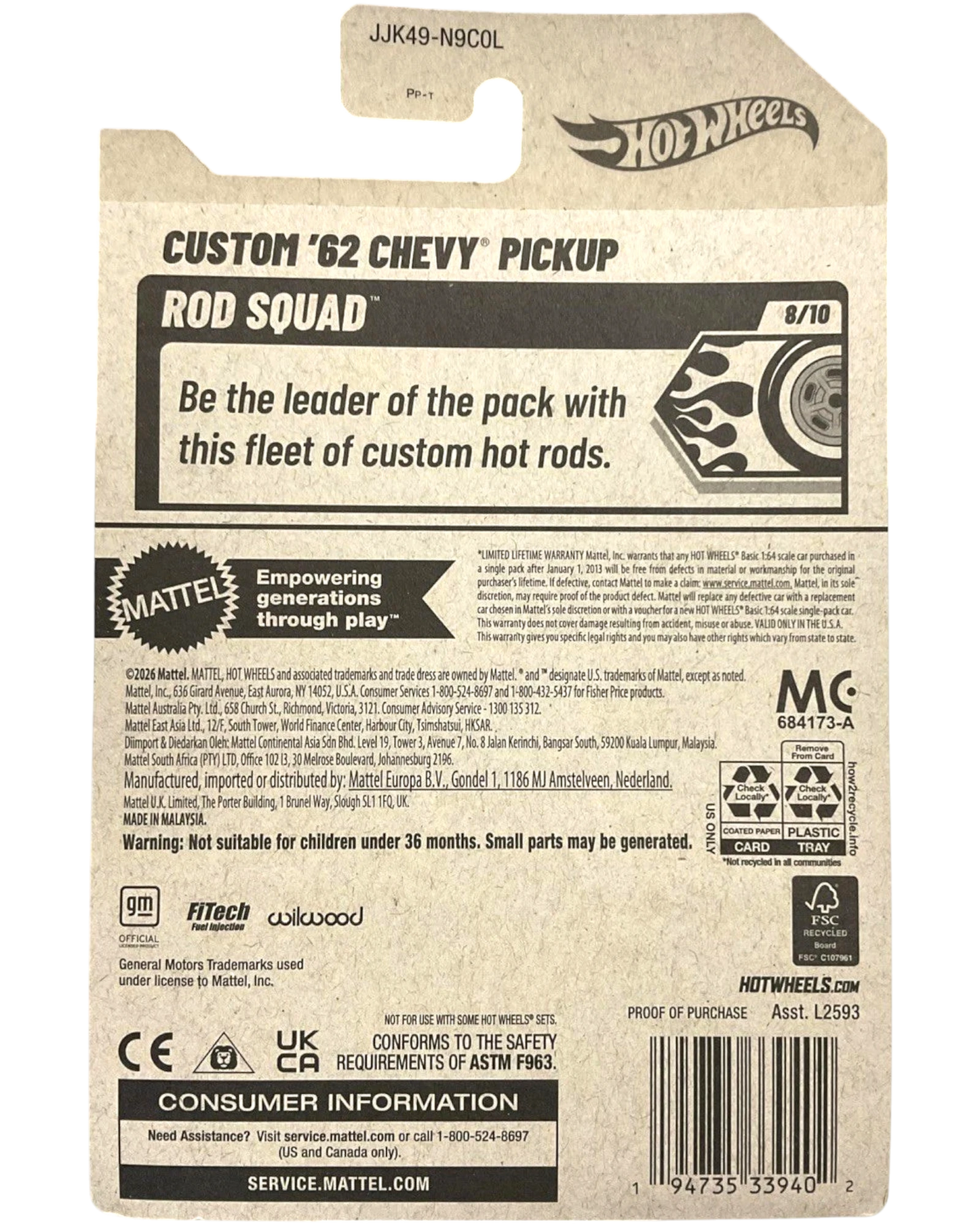 More Than Diecast Hot Wheels Custom 62 Chevy Pickup packaging back showing Rod Squad series details and branding