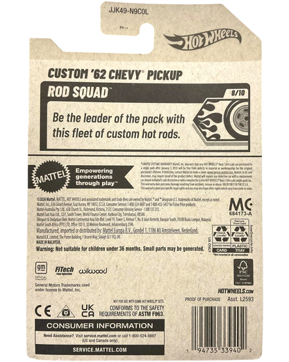 More Than Diecast Hot Wheels Custom 62 Chevy Pickup packaging back showing Rod Squad series details and branding