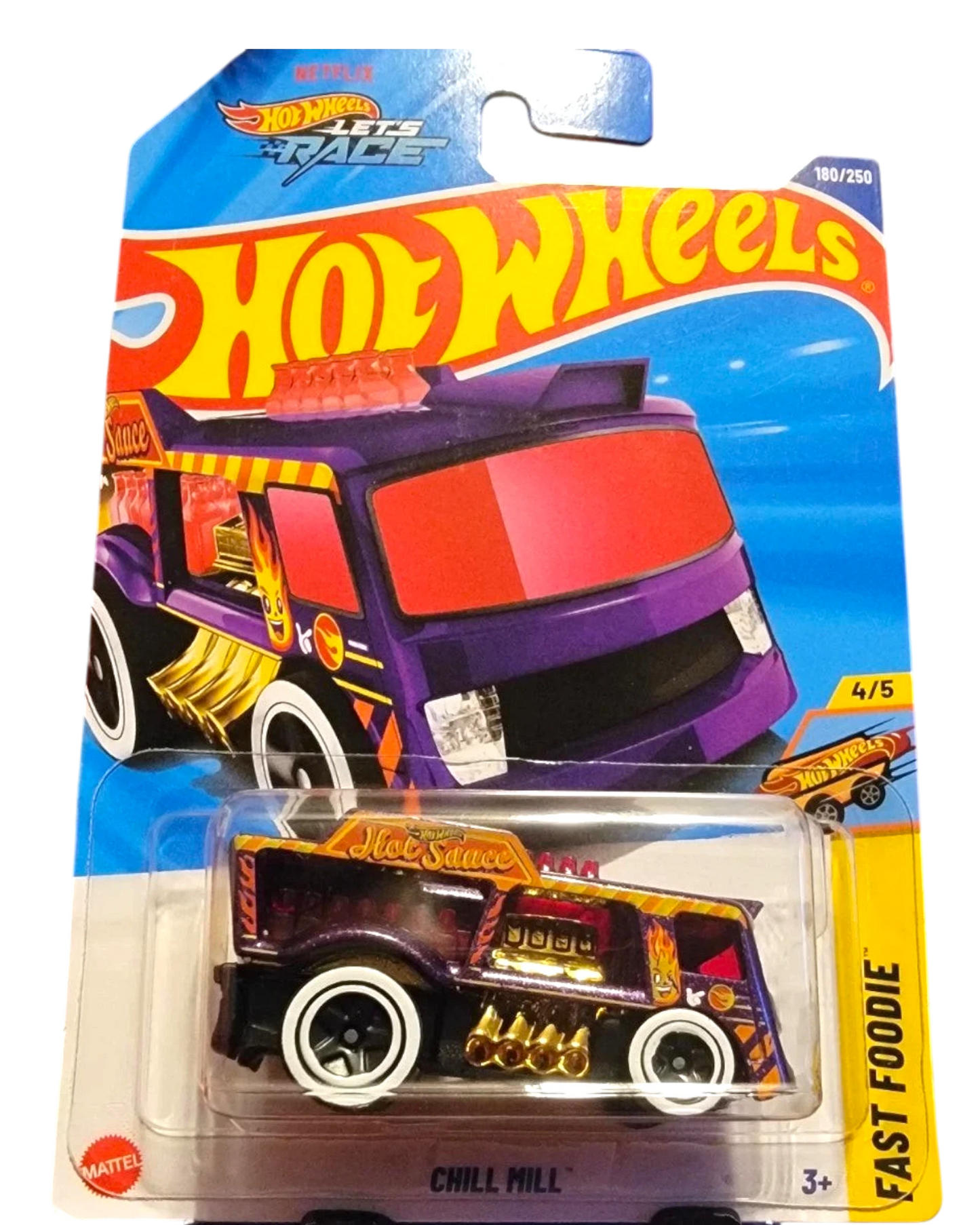 More Than Diecast Hot Wheels Chill Mill Treasure Hunt die-cast car in purple with flame graphics on blister card