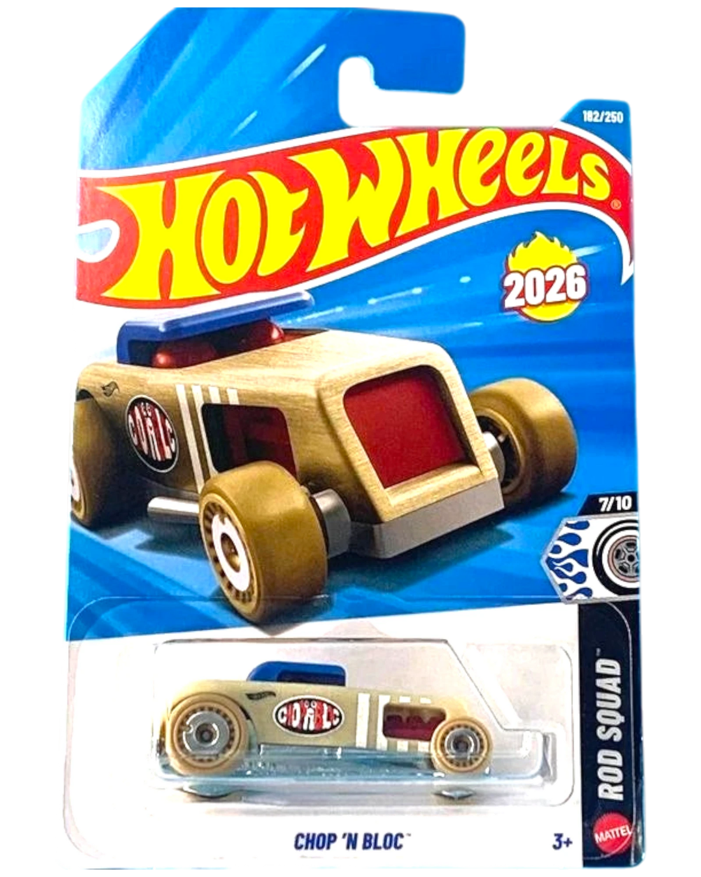 More Than Diecast Hot Wheels Chop 'N Bloc 1:64 die-cast car in textured tan with Rod Squad 2026 packaging.