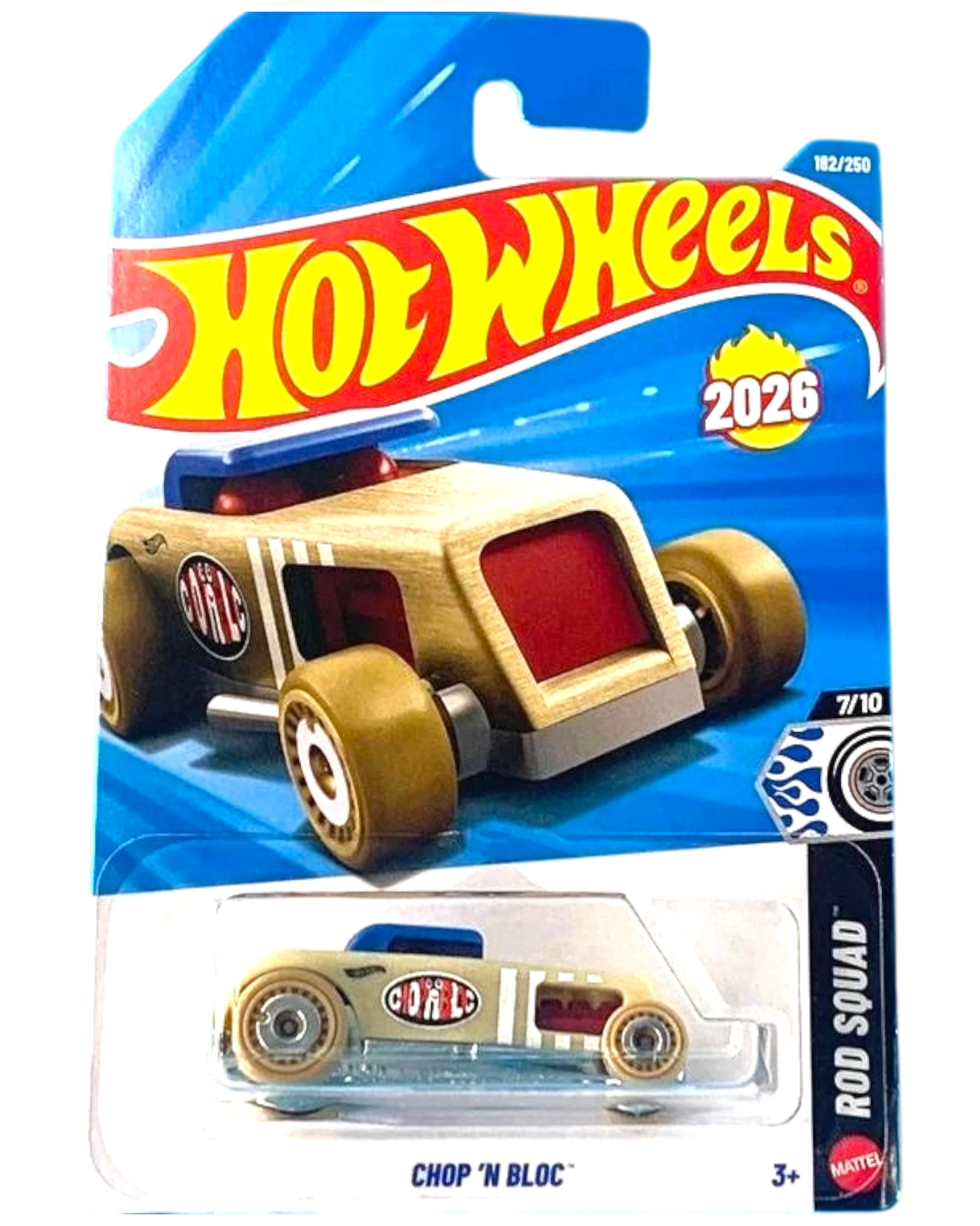 More Than Diecast Hot Wheels Chop 'N Bloc 1:64 die-cast car in textured tan with blue accents on blister card.