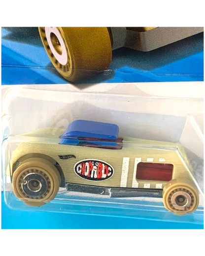 More Than Diecast Hot Wheels Chop 'N Bloc 1:64 scale die-cast car in textured tan with a blue roof and custom graphics.