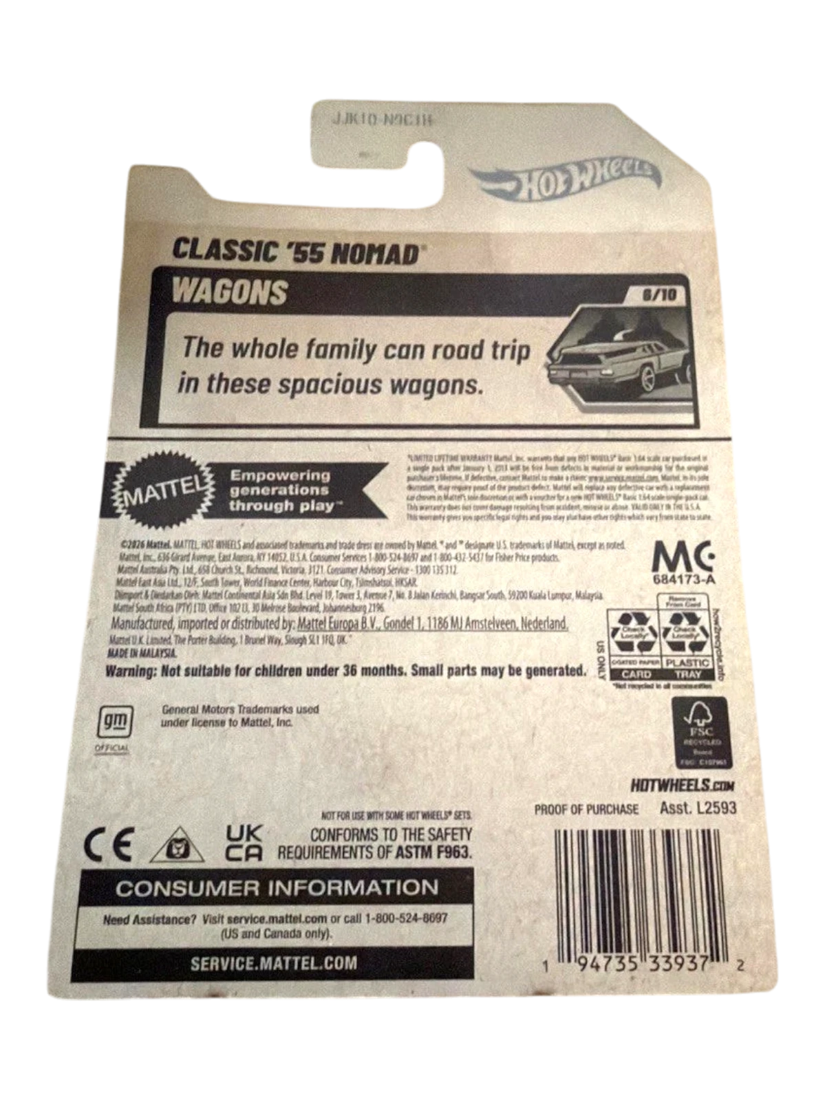 More Than Diecast Hot Wheels Classic '55 Nomad Wagons toy car packaging with product details and safety information.