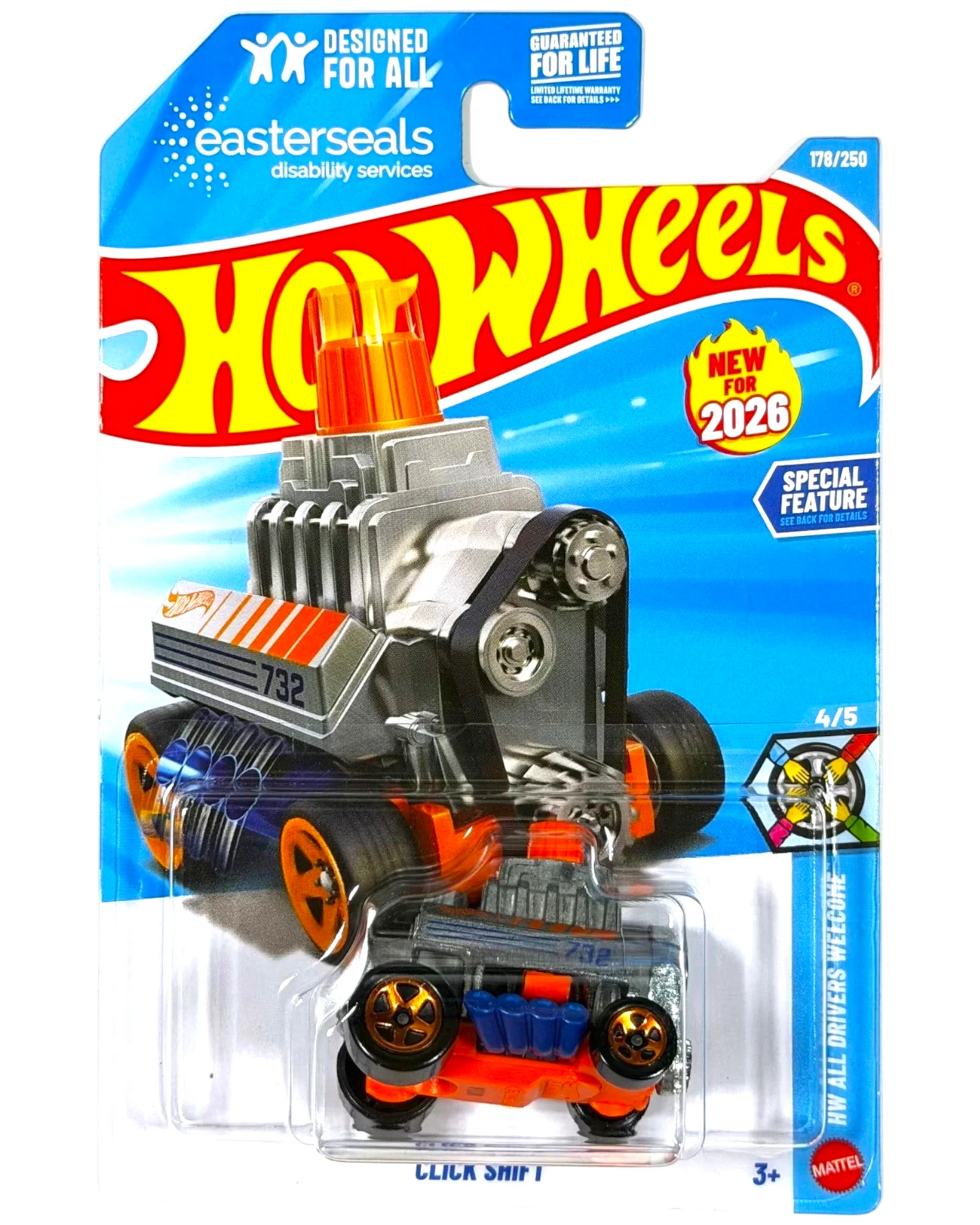 More Than Diecast Hot Wheels Click Shift 178/250 toy car in silver and orange on blister card packaging