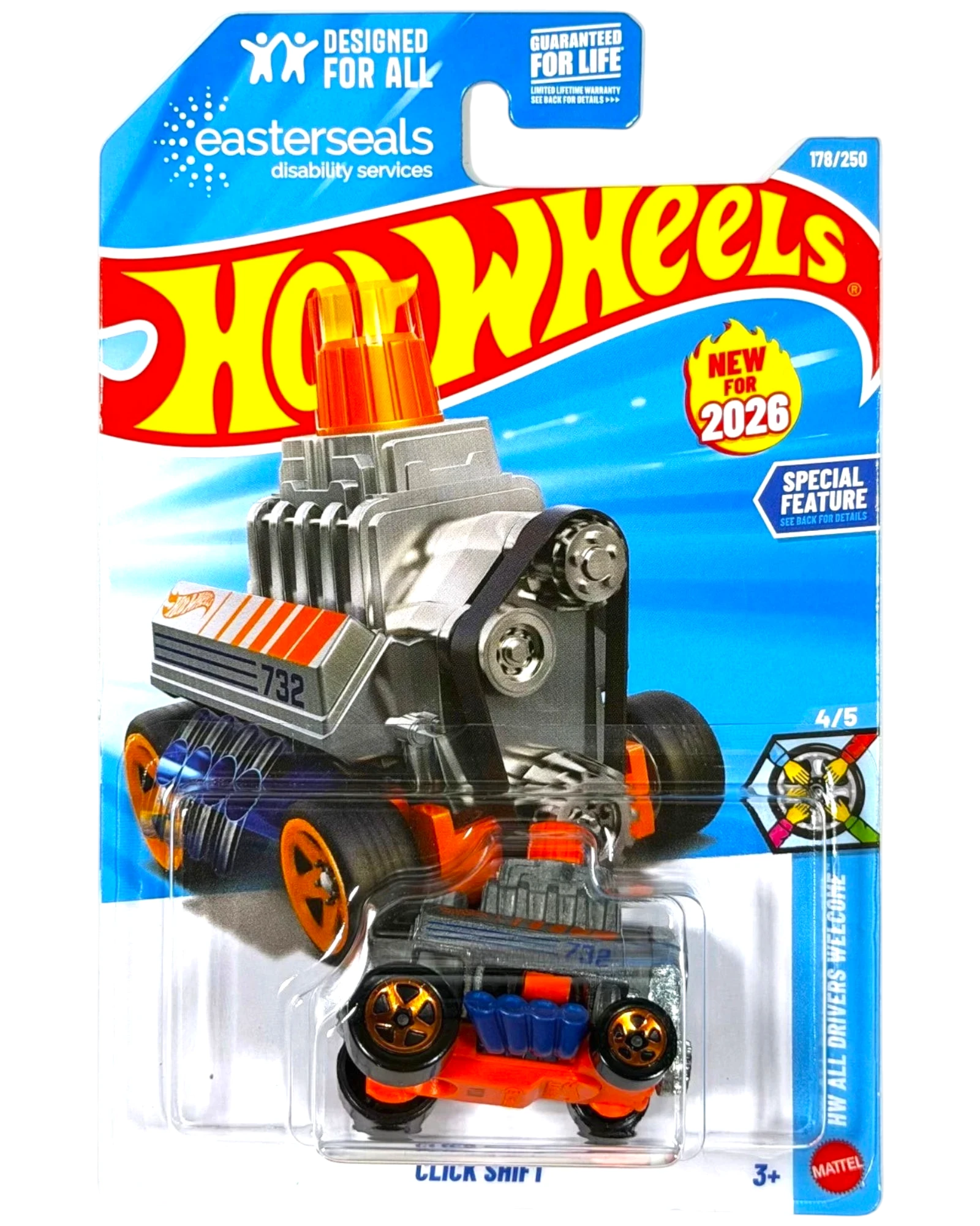 More Than Diecast Hot Wheels Click Shift 178/250 toy car in silver and orange on blister card packaging