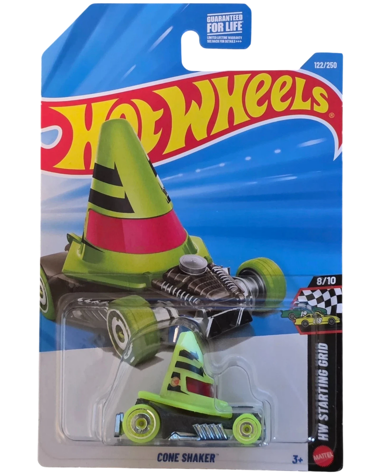 More Than Diecast Hot Wheels Treasure Hunt Cone Shaker die-cast car in lime green with flame graphics on blister card