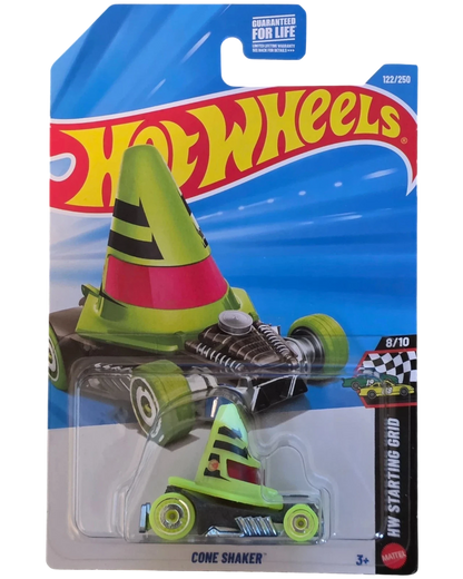 More Than Diecast Hot Wheels Treasure Hunt Cone Shaker die-cast car in lime green with flame graphics on blister card