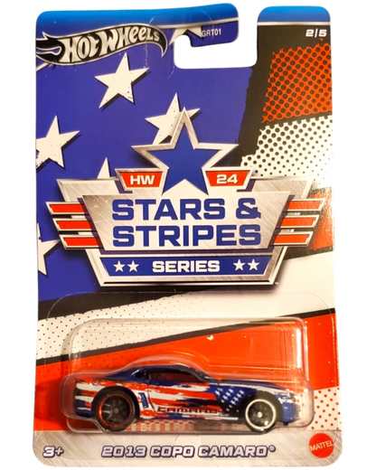 More Than Diecast 2013 COPO Camaro Hot Wheels Stars & Stripes 1:64 scale die-cast car in patriotic livery on card