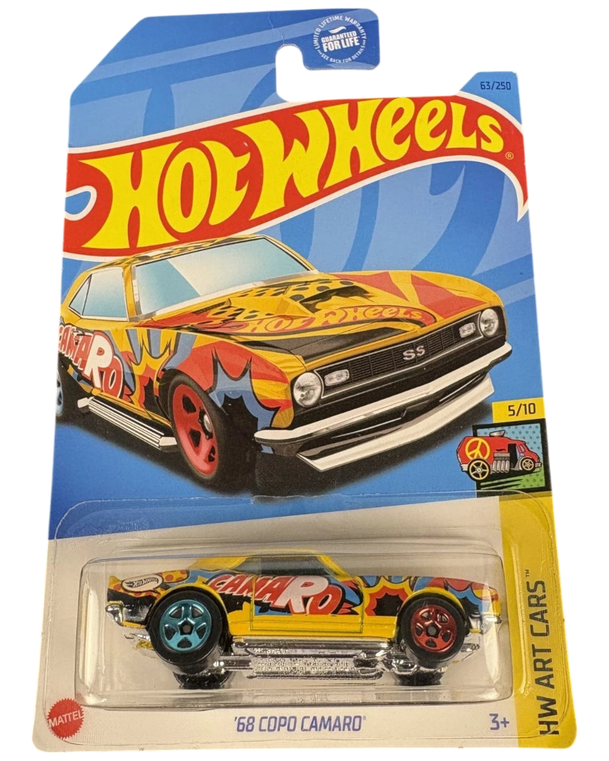 More Than Diecast Hot Wheels 68 COPO Camaro die-cast car in yellow with bold Art Cars graphic deco in blister pack