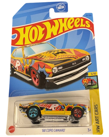 More Than Diecast Hot Wheels 68 COPO Camaro die-cast car in yellow with bold Art Cars graphic deco in blister pack
