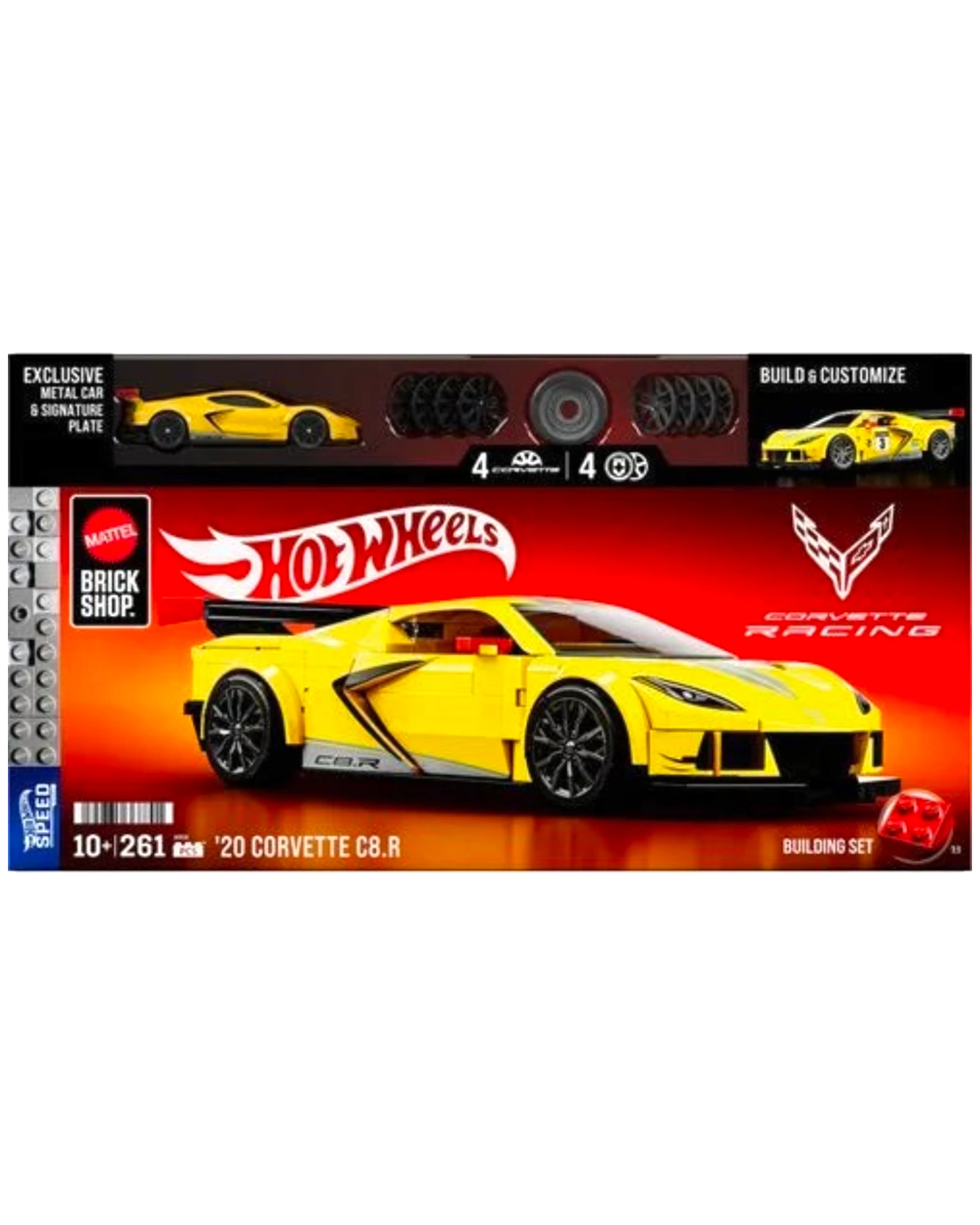 More Than Diecast Hot Wheels Brick Shop 2020 Corvette C8.R building set box featuring a yellow race car model