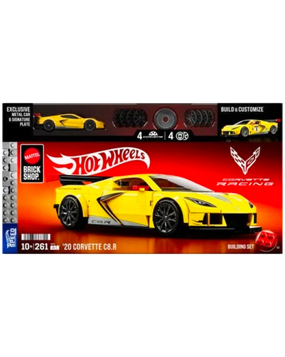 More Than Diecast Hot Wheels Brick Shop 2020 Corvette C8.R building set box featuring a yellow race car model