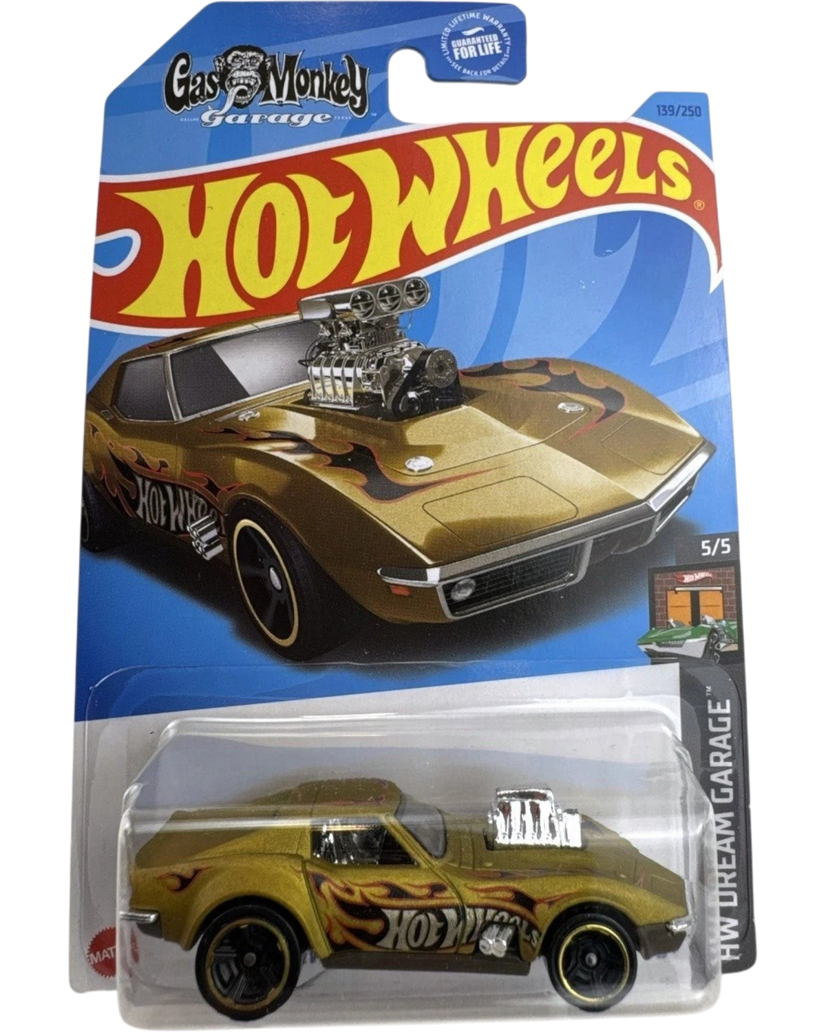 More Than Diecast Hot Wheels 1968 Corvette Gas Monkey Garage die-cast car in gold with flame decals on blister card