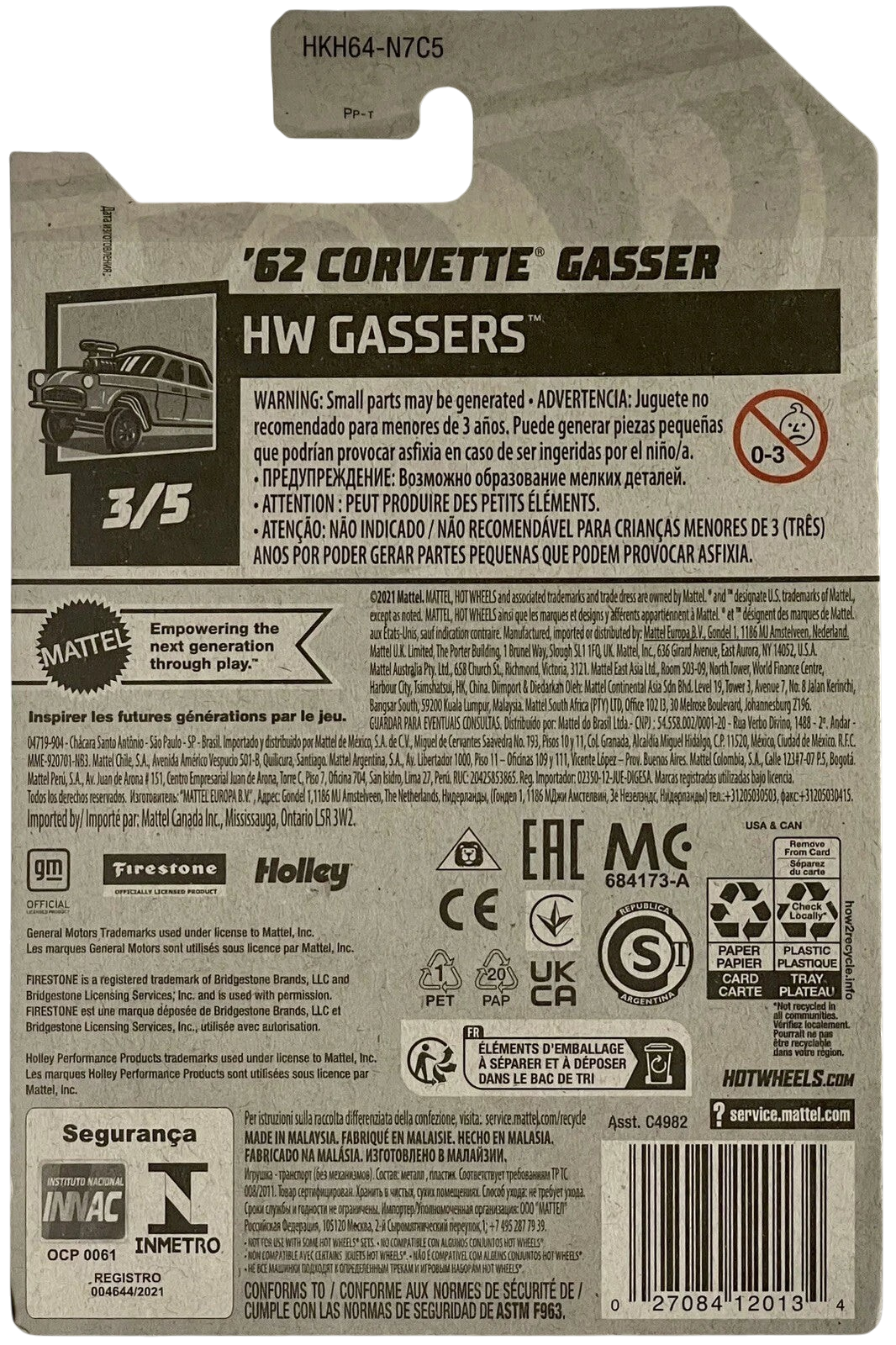 More Than Diecast Hot Wheels 2023 62 Corvette Gasser packaging back showing product details and safety information