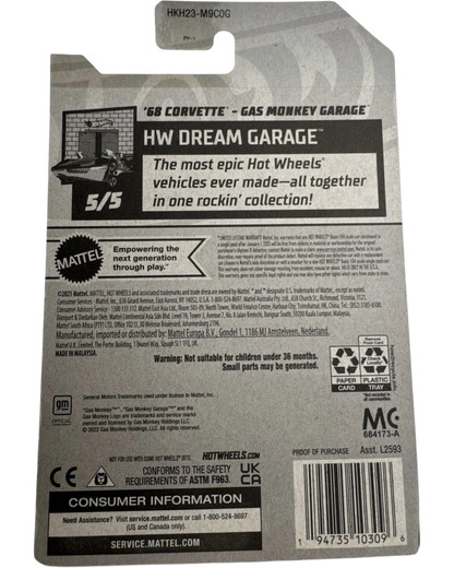Back of More Than Diecast Hot Wheels 1968 Corvette Gas Monkey Garage card packaging with product details
