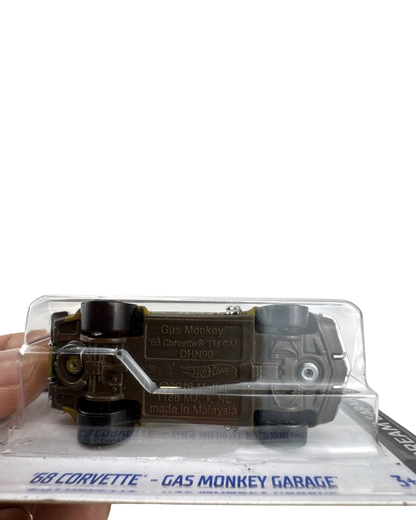 More Than Diecast 1:64 scale Hot Wheels 1968 Corvette Gas Monkey Garage die-cast car showing the brown chassis base