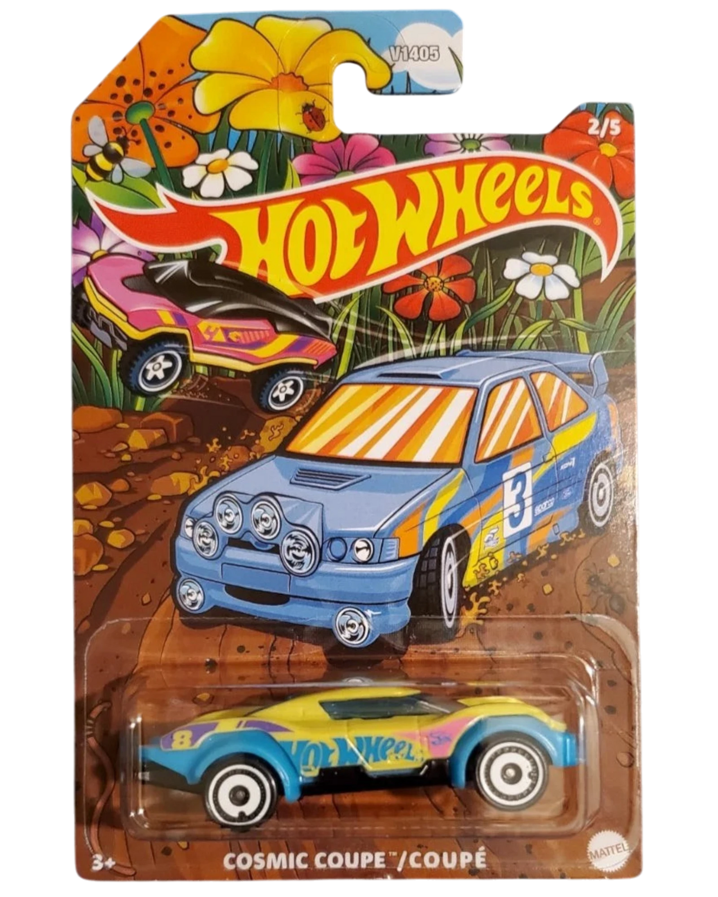 More Than Diecast Hot Wheels 2026 Spring Series Cosmic Coupe diecast car, yellow with blue and pink accents, on a colorful spring-themed card.