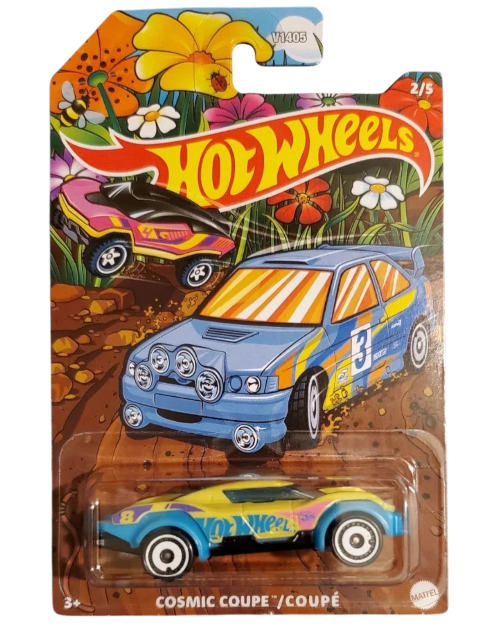 More Than Diecast Hot Wheels 2026 Spring Series Cosmic Coupe diecast car, yellow with blue and pink accents, on a colorful spring-themed card.