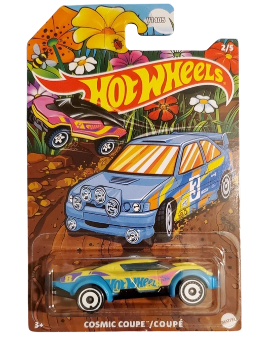 More Than Diecast Hot Wheels 2026 Spring Series Cosmic Coupe diecast car, yellow with blue and pink accents, on a colorful spring-themed card.