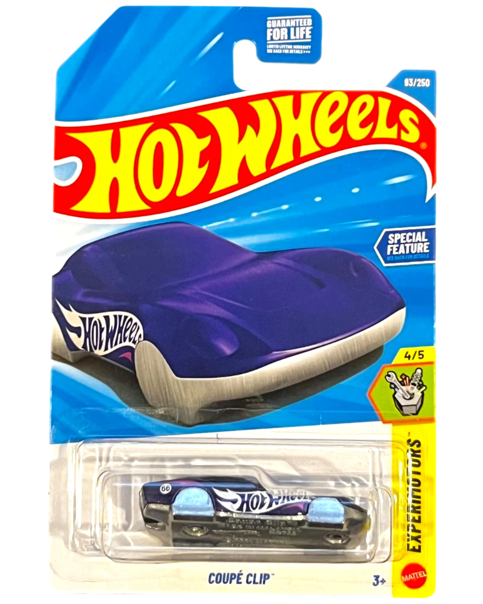 More Than Diecast 2026 Hot Wheels Coupé Clip keychain, purple with Hot Wheels logo and blue accents.