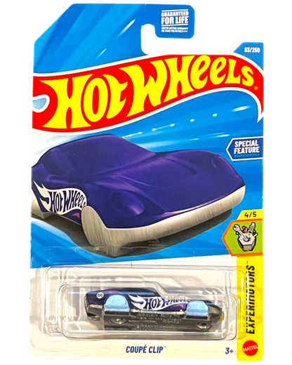 More Than Diecast 2026 Hot Wheels Coupé Clip keychain, purple with Hot Wheels logo and blue accents.