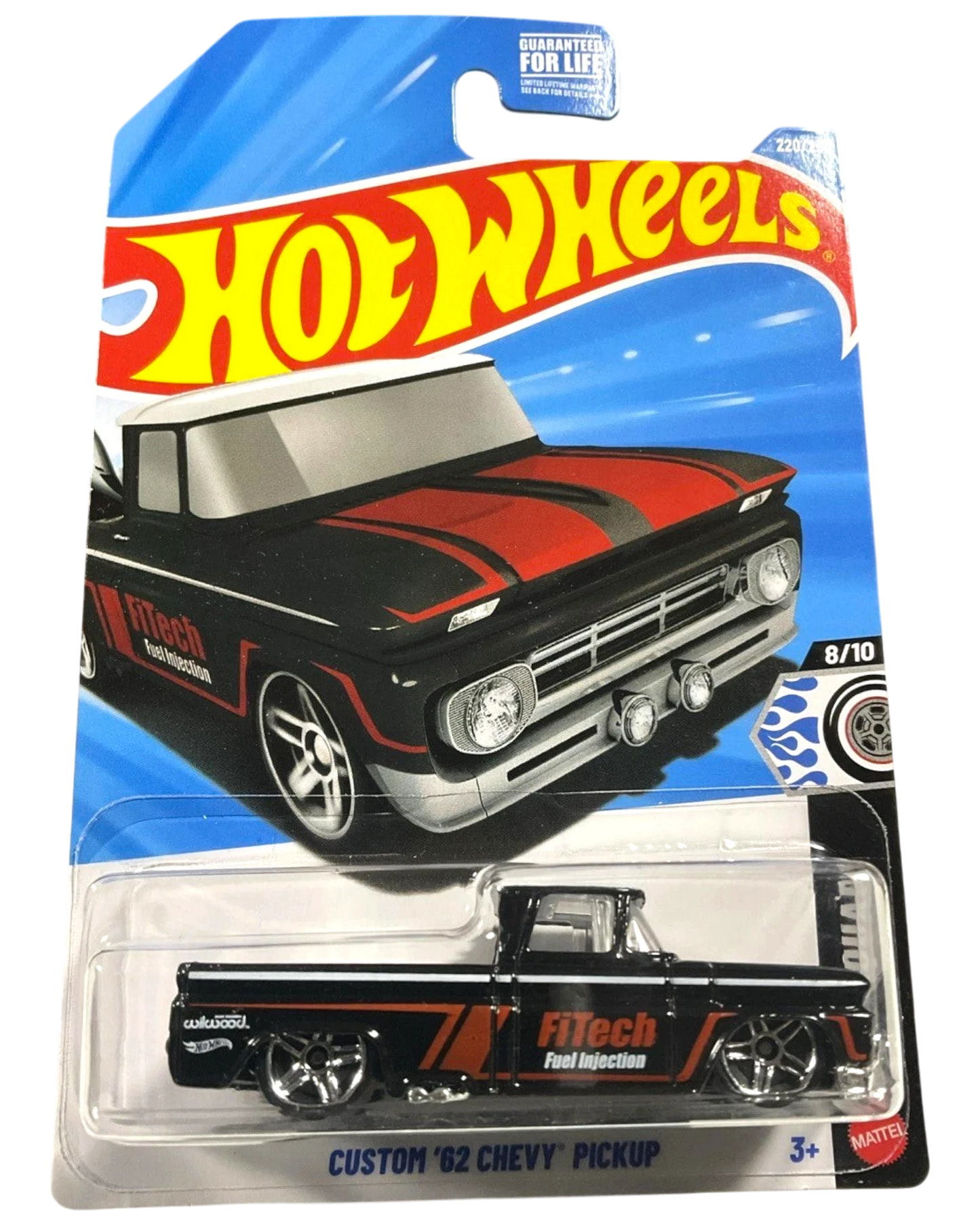 More Than Diecast Hot Wheels Custom '62 Chevy Pickup in black with red racing stripes and FiTech branding