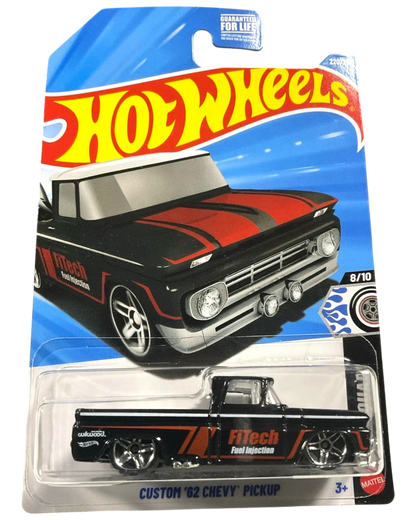 More Than Diecast Hot Wheels Custom '62 Chevy Pickup in black with red racing stripes and FiTech branding