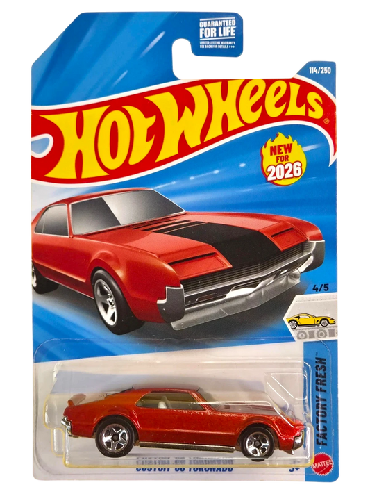 More Than Diecast Hot Wheels 2026 Custom '66 Toronado, 1:64 scale die-cast car, red with black racing stripes, in Factory Fresh series.