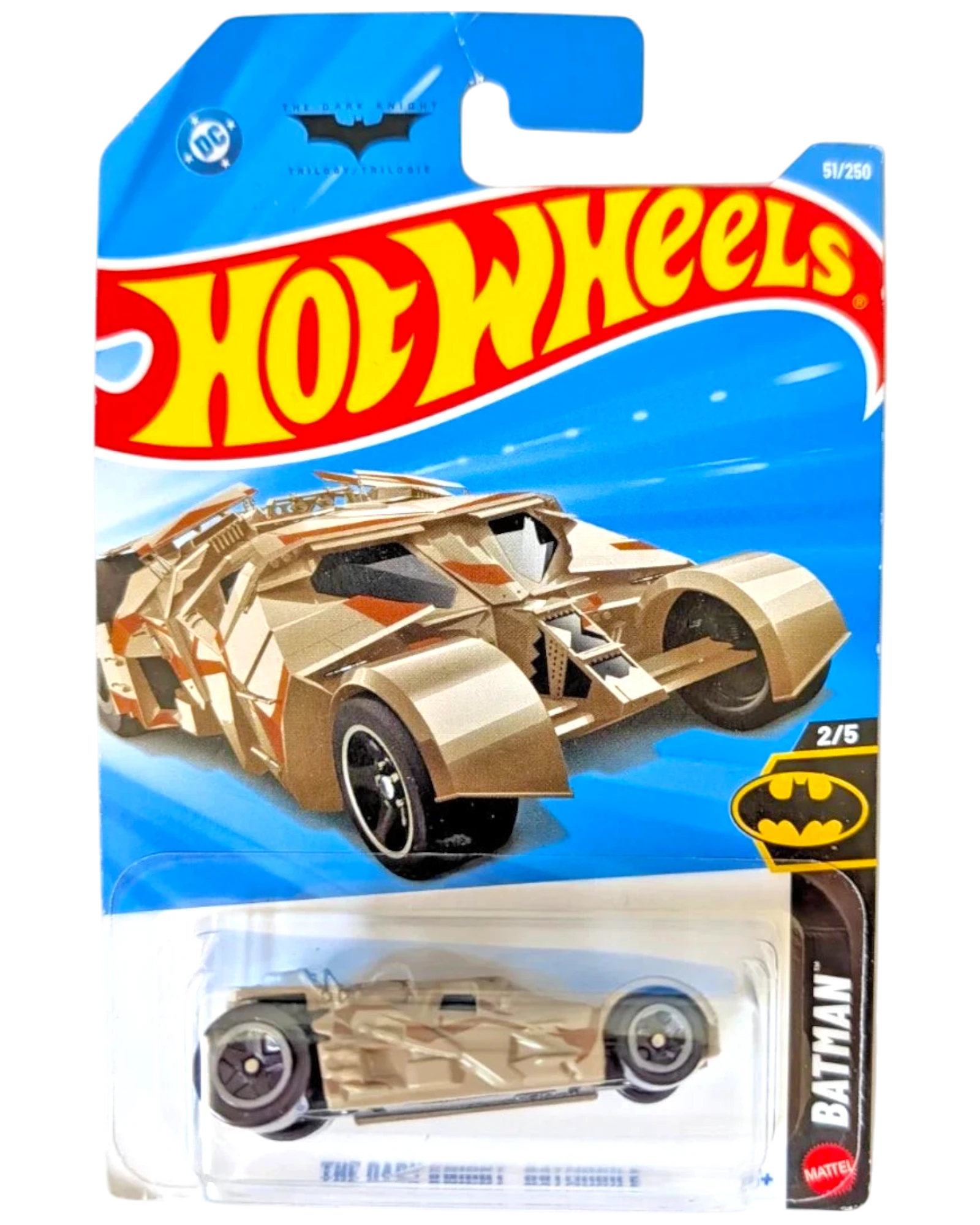 More Than Diecast Hot Wheels The Dark Knight Batmobile 1:64 die-cast car in tan camouflage on blister card packaging