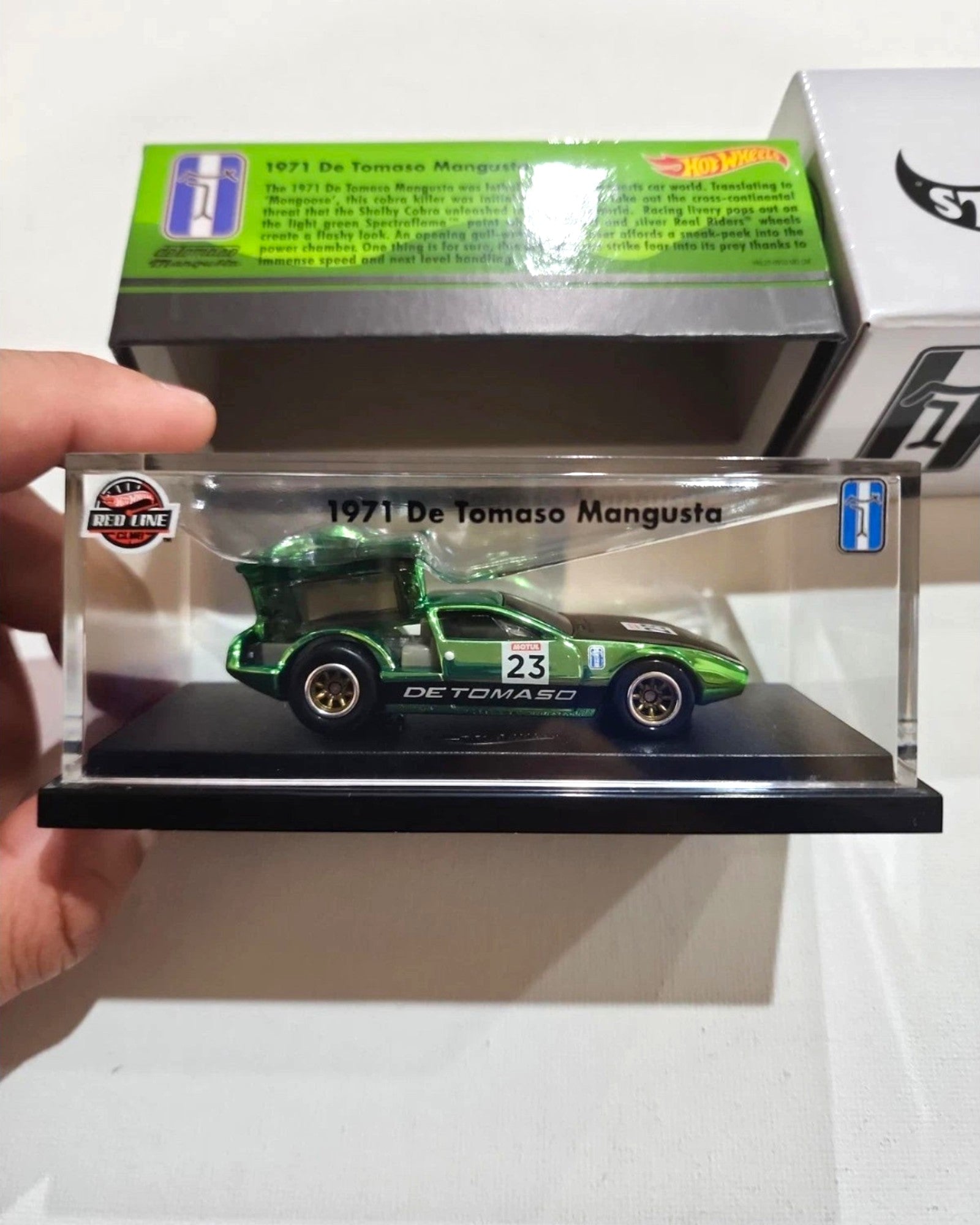 More Than Diecast Hot Wheels RLC 1971 De Tomaso Mangusta in metallic green with opening engine bay in display case